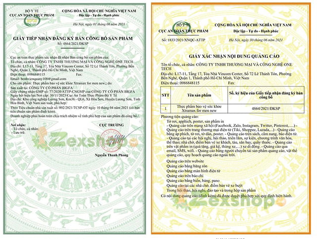 giấy chứng nhận xtramax for men