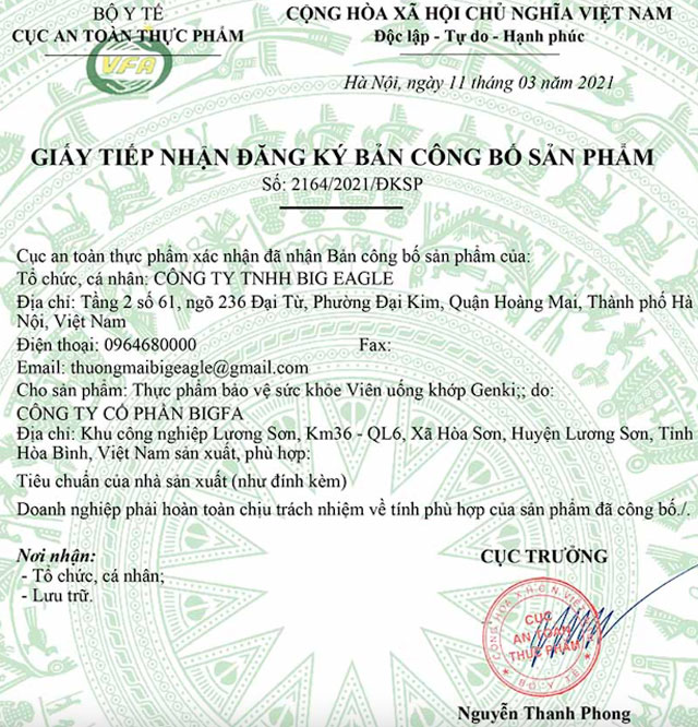 giấy chứng nhận genki