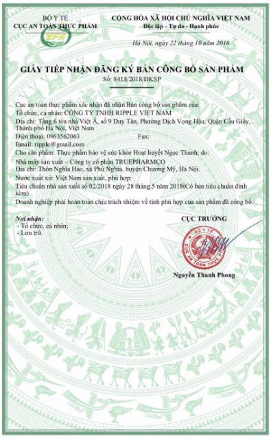 Giấy đăng kí công bố sản phẩm Hoạt Huyết Ngọc Thanh