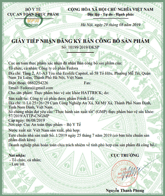 Giấy đăng kí công bố sản phẩm Hattrick
