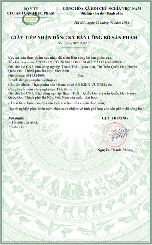 giấy đăng ký công bố sản phẩm an kiện vương