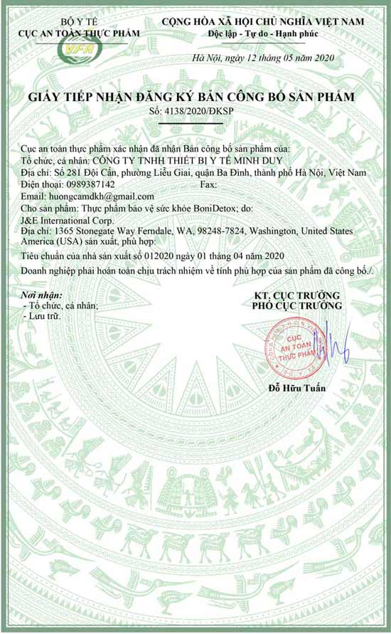 giấy chứng nhận boni detox