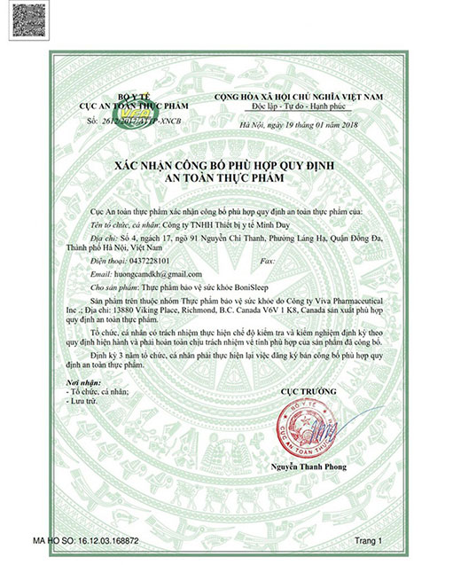 giấy đăng ký công bố sản phẩm boni sleep