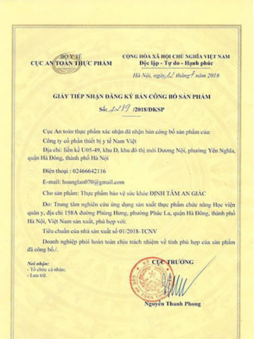 giấy công bố sản phẩm định tâm an giấc