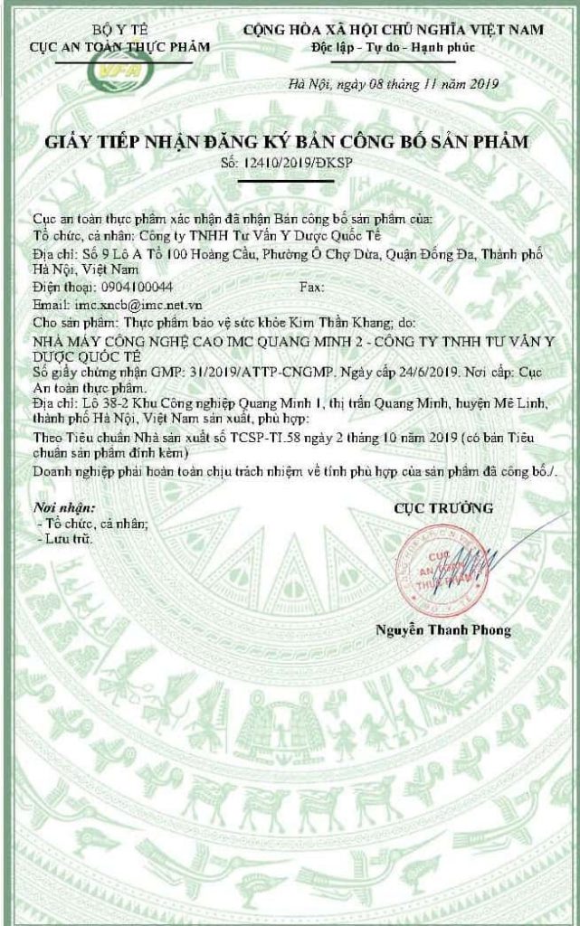 chứng nhận kim thần khang