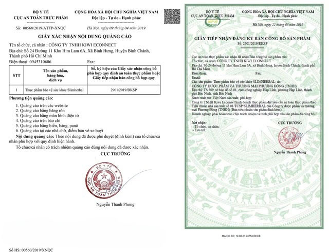 giấy công bố sản phẩm slim herbal