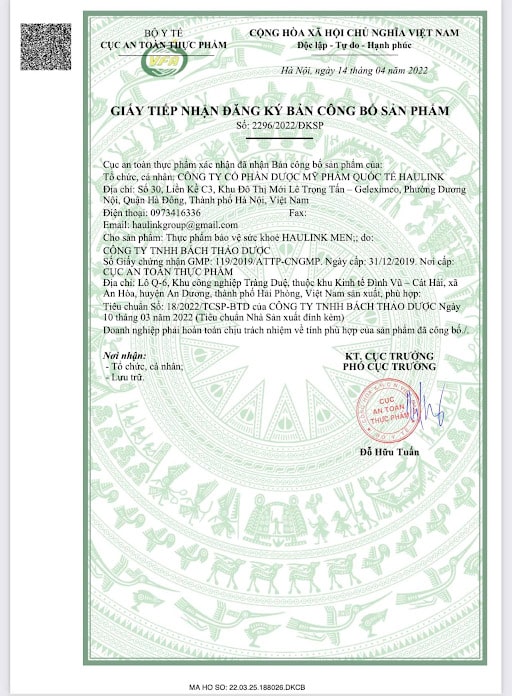 giấy công bố sản phẩm haulink men