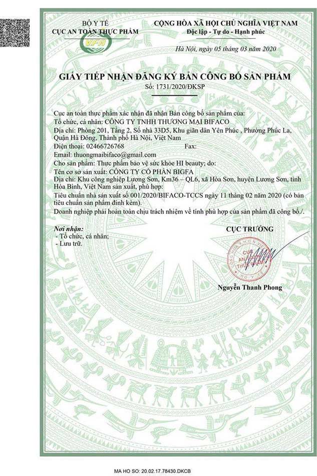 giấy công bố sản phẩm hi beauty