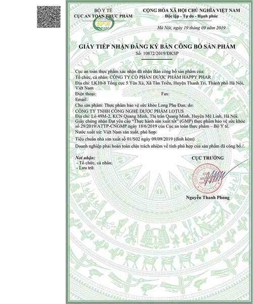 giấy chứng nhận long phụ dan