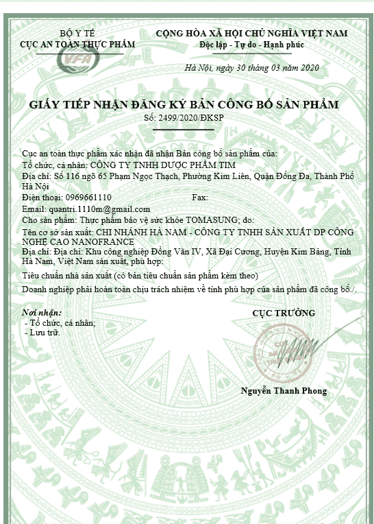giấy công bố sản phẩm tomasung